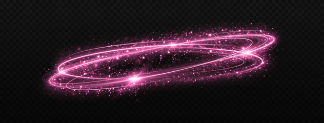 Wall Mural - Glitter swirl rings twinkle on transparent background. Magic pink light trail with bright stars. Sparkle twirl circles with light effect.