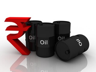 Poster - 
3d illustration Oil price, Oil Industry concept with Barrel and indian ruppe 
