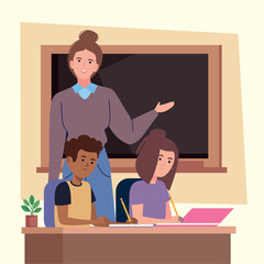 Wall Mural - female teacher with students kids