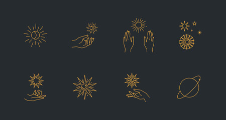 Wall Mural - Aesthetic astral hands. Collection of cosmic and celestial elements with sun, moon and stars. Isolated editable linear vectors.