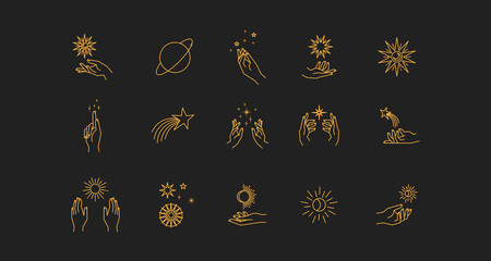 aesthetic astral hands. collection of cosmic and celestial elements with sun, moon and stars. isolat