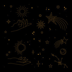 Wall Mural - mystical and celestial elements with stars, planets, moons and hands. palm and zodiac elements. occu