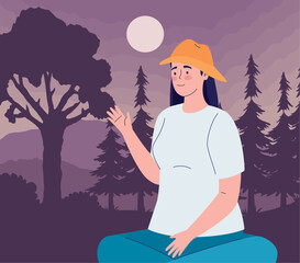 Sticker - female traveler with forest at night