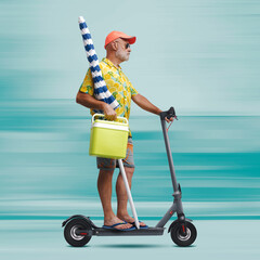 Poster - Funny senior tourist riding an electric scooter