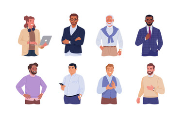 Poster - Collection of male avatars of businessmen and office employees. Close-up vector cartoon illustration of men of different ages and ethnicities in office outfits. Isolated on white background
