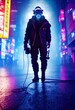 A stalker survivor in a leather jacket and a neon gas mask. Survivor of nuclear war. 3d rendering