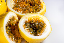 Closeup Of Sliced Yellow Passion Fruit.