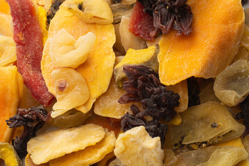 Mix of dried exotic fruit, mangos,slices of pineapples, passion fruit, papaya.