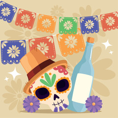 Wall Mural - dia de los muertos skull with wine and garlands