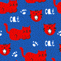 Poster - Seamless pattern with cats on blue background. Background for t-shirt, kids, cards, banner, stationery, clothes, textile and other design.