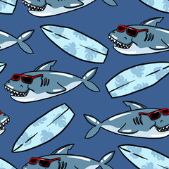 Wall Mural - Seamless pattern of a sharks and surf with blue background elements