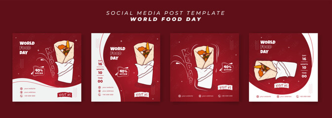 Wall Mural - Set of social media post template in red white background with kebab food for world food day design