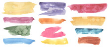 Watercolor Hand Drawn Color Backgrounds Clipart, Brush Strokes Illustration, Pastel Violet, Blue Spots, Green Splashes Clip Art, Yellow Drops, Design Elements, Paint Splatters Set