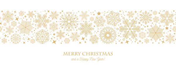Wall Mural - gold snowflakes falling on white background. golden snowflakes border with different ornaments. luxu