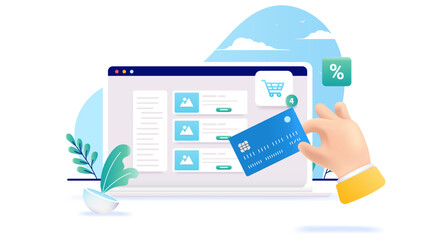 Aufkleber - Webshop buying - Hand with credit card paying on online web shop on laptop computer. Vector illustration with white background