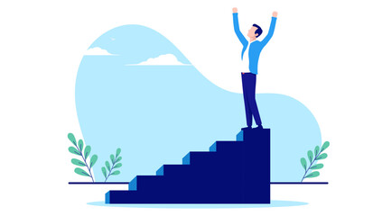 Aufkleber - Career top - Businessman on top of stairs cheering and celebrating triumph in life and business. Flat design vector illustration with white background