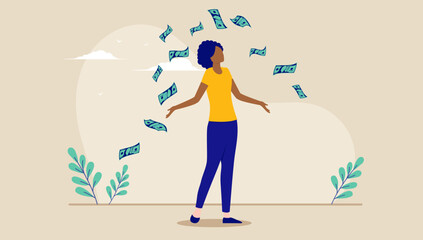 Poster - Black woman making money - Female person standing with arms out while money is falling from the sky. Financial success concept. Flat design vector illustration