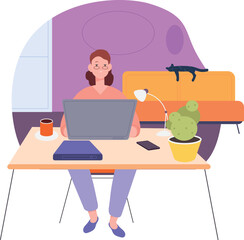 Poster - Woman working on laptop. Cozy home workplace interior