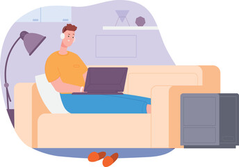 Poster - Freelancer working from home. Man sit on couch with laptop