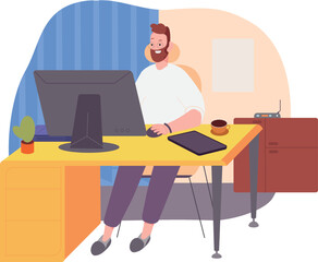 Poster - Man working on computer in cozy home interior