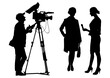 Silhouette of female journalist interviewing woman, videographer recording on video camera. Vector illustration