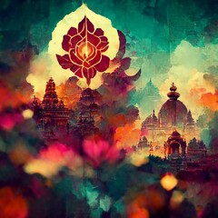 Hinduism inspired concept art. Hindu religious painting. Gods, divinities, colorful geometric shapes with cinematic light and epic set-up. Religious celebration, spirituality, temple.