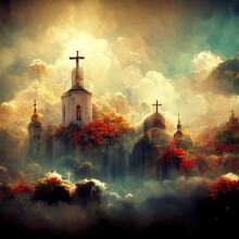 Christian Inspired Concept Art. Christianism Religious Painting. Gods, Religious Cross, Church, Colorful Geometric Shapes With Cinematic Light And Epic Set-up. Religious Celebration, Spirituality