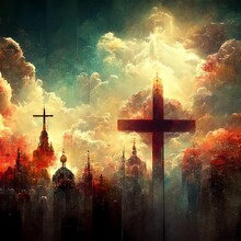 Christian Inspired Concept Art. Christianism Religious Painting. Gods, Religious Cross, Church, Colorful Geometric Shapes With Cinematic Light And Epic Set-up. Religious Celebration, Spirituality