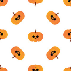 Wall Mural - Cute cartoon style orange pumpkin characters wearing sunglasses vector seamless pattern background for autumn, fall design.
