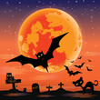 Vector or illustration of silhouette cute black cat and bat flying in the sky over the tombs and graveyard with owl on the grave sign on full moon or moonlight background for halloween night day.