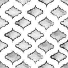 Quatrefoil Seamless Pattern. Monochrome And Greyscale Rhombus Majolica Background. Barbed Watercolour Trellis. Geometric Morrocan Tile. Lattice Marrakesh Watercolor Design. Arabic Damask Print.