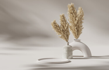 3D podium display on beige, background and dry pampas grass in vase. Bright cosmetic, beauty product promotion pedestal with shadow. Nature showcase composition. Abstract minimal studio 3D render