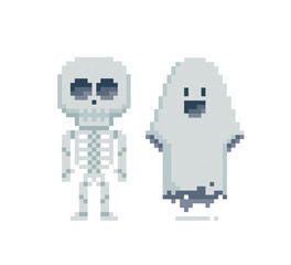 Wall Mural - Pixel Art for Halloween design. 8-bit style Skeleton and Ghost isolated on white. Cartoon funny pixel skeleton. Pixel graphics Ghost in retro video game style