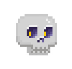 Poster - Pixel Art for Halloween design. 8-bit style Skull icon isolated on white. Cartoon funny pixel skull or skeletons head in retro video game style