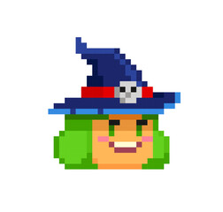 Poster - Pixel Art Witch icon for Halloween design. 8-bit style halloween vector illustration isolated on white. Cartoon funny pixel witch girl character in retro computer game style