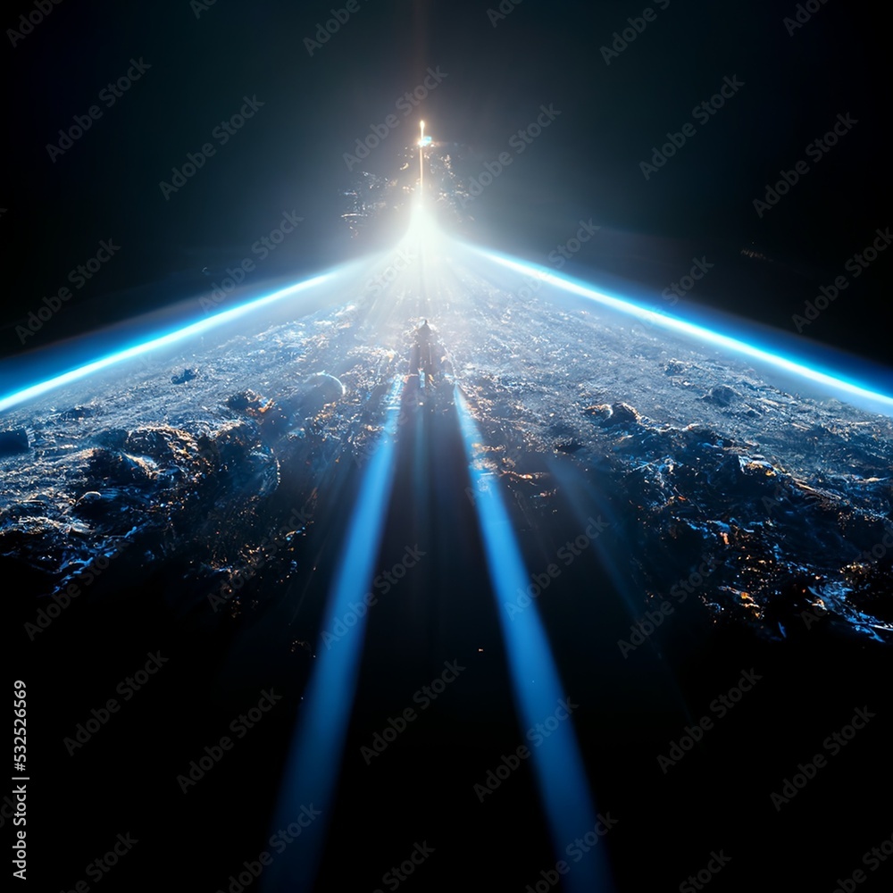 Space panoramic landscape. Stars, galaxies, universe with cinematic light and epic background. Concept art, light across space  infinity. Outer space travel, photo realistic, space route