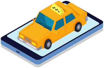 Poster - Online mobile taxi service order app template. Yellow car on touchscreen of smartphone. Design element of application for ordering passenger transport. Taxi service automobile on phone screen