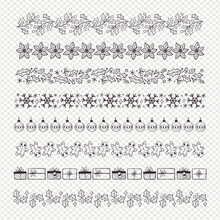 Winter Floral Decorative Border Collection. Seamless Borders With Christmas Twigs, Seasonal Flowers And Objects. Doodle Isolated Elements. Vector Illustration.