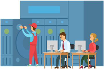 Poster - Cloud data storage, remote backup of files, data center and database, people engineers with laptop. Hardware equipment, server, supercomputer room. Technical administrator manage server digital device