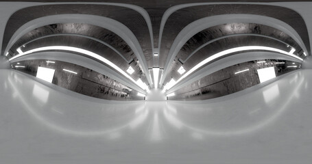 Poster - 3d rendering. 360 degree spherical seamless vr panorama. abstract empty dark interior with neon ligh