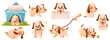 Cute Dog with Collar as Domestic Pet Engaged in Different Activity Vector Set