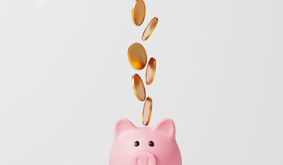 Wall Mural - Pink piggy bank money box with gold coins. 3D Rendering