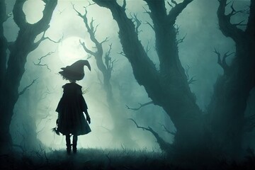 Wall Mural - A little witch wanders through a scary misty forest.