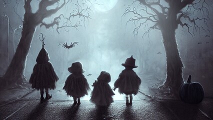 Wall Mural - Children in Halloween costumes wander through a scary foggy forest.