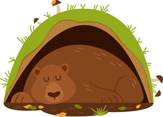Wall Mural - Sleeping bear in the burrow. Vector illustration