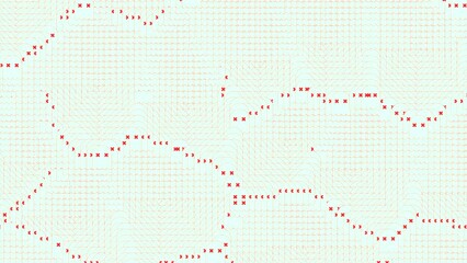 Poster - Spinning retro surface with tiny shimmering squares. Design. Rotating bended red lines of pixels on a beige background.