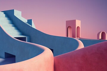 Wall Mural - Colorful pink exterior in minimalist style with sunset sky background, 3D rendering. Various architectural forms in pastel colors. 3D rendering
