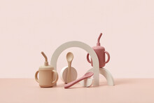 Cute Baby Cups With Lids And Straws And Spoons.
