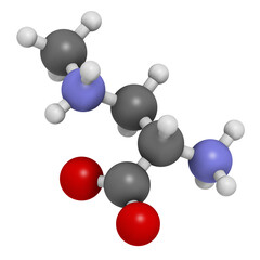 Sticker - beta-Methylamino-L-alanine (BMAA) toxic amino acid molecule. Produced by cyanobacteria, 3D rendering.