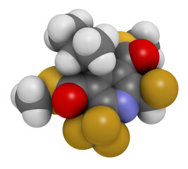 Sticker - Dithiopyr preemergent herbicide molecule, 3D rendering.